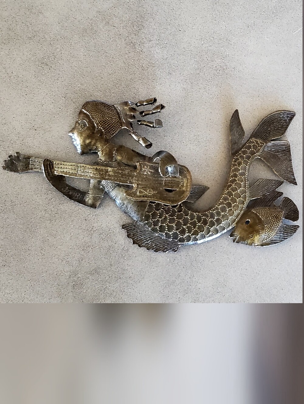 Joubert Brutus Haitian Metal Artist Signed Mermaid Playing Guitar Wall Art EUC